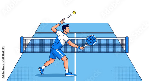 Illustration of a male athlete in mid-action hitting a tennis ball with a racket on a vibrant blue court, capturing the dynamic energy of the sport during a match
