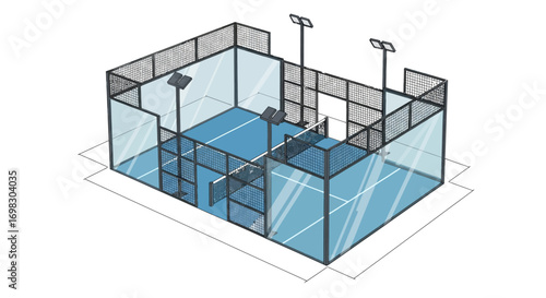 Modern Padel Tennis Court with Glass Walls and Lighting, Design Rendering of an Outdoor Sports Facility for Recreational Play and Professional Matches