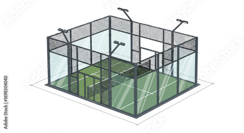 Modern sports facility with glass walls and turf flooring, perfect for recreational activities and athletic training sessions