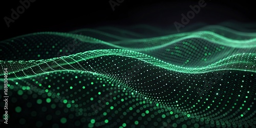 Abstract flowing green energy waves and particles creating an intricate futuristic digital landscape