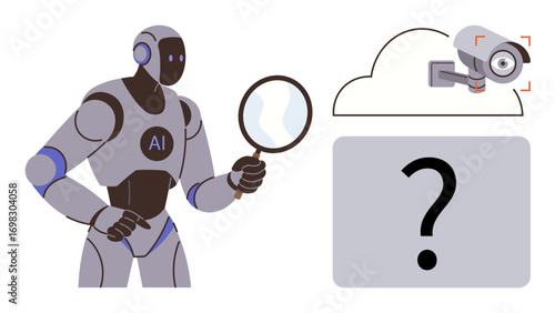 Robot holding magnifying glass examines data with surveillance camera linked to cloud storage and question mark. Ideal for AI, surveillance, data analysis, cloud security, technology ethics