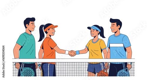 Two teams of male and female tennis players shaking hands over the net at the end of a friendly match, symbolizing sportsmanship and camaraderie after a competition