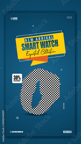 Modern orange smartwatch displaying time and notifications on a blue background with discount offer