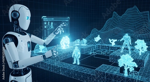 AI in the gaming industry, showing a robot developer designing a video game level with a holographic interface