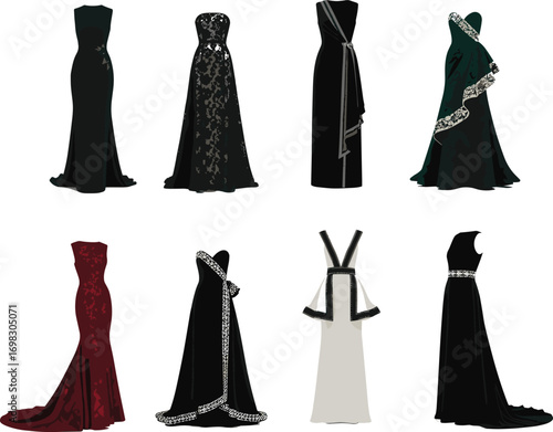 Elegant evening gown collection, formal fashion dress silhouettes for women, luxury clothing design for events, parties, galas, and fashion branding