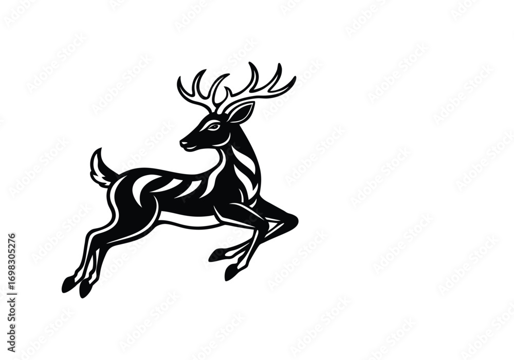 Fototapeta premium Minimalist Black and White Deer Illustration – Stylized Leaping Animal Art with Decorative Antlers