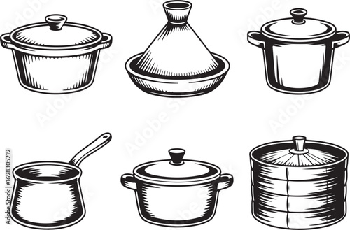 Collection of six hand drawn cooking pots and pans isolated on white background