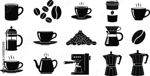 Coffee silhouettes featuring mugs, coffee beans, espresso machine, French press, drip coffee maker, kettle, steaming cups, moka pot, and takeaway cup.
