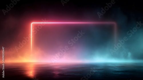Abstract dark background with horizontal glowing neon frame, colorful gradient fog and floor reflection, perfect for Black Friday or cyber sale banner.