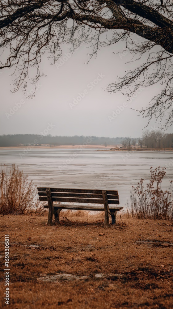 Obraz premium A solitary bench overlooks a tranquil, wintry lake, framed by bare branches and a muted, peaceful landscape.
