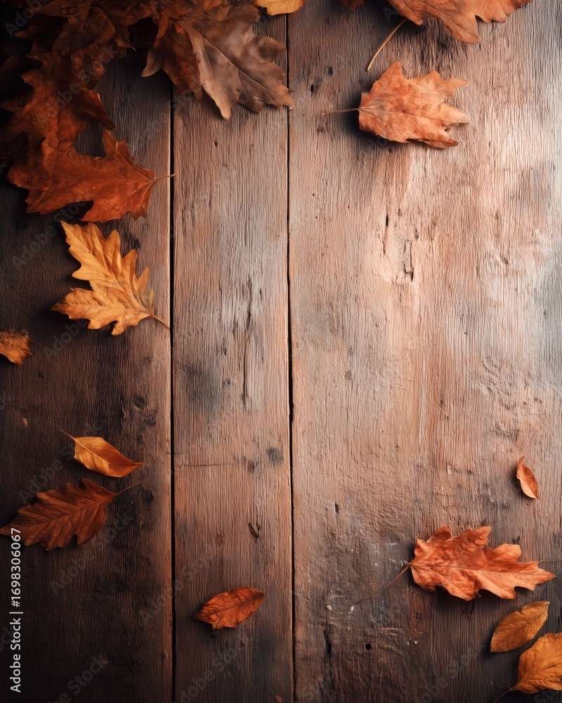 Obraz premium Dry autumn leaves on rustic wooden surface, seasonal background with copy space for design and text.