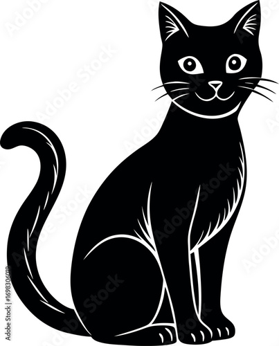 Elegant black cat sitting gracefully with curled tail a perfect icon for pet lovers and animal enthusiasts