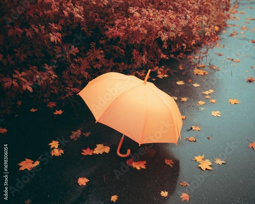 Orange umbrella on wet asphalt surrounded by autumn leaves and colorful foliage, seasonal still life with copy space.