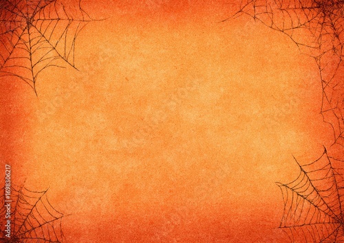 Orange Halloween Background With Spooky Spiderweb Border Design.