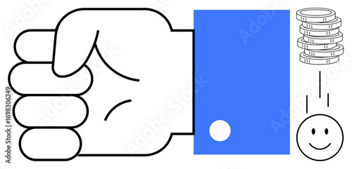 Hand releasing coins to a cheerful face, symbolizing donation, financial aid, sharing, and kindness. Ideal for charity, finance, teamwork, volunteering care generosity themes simple flat metaphor