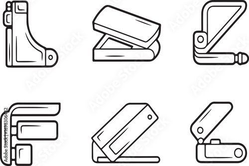 Collection of six hand drawn icons representing different types of hinges isolated on white background