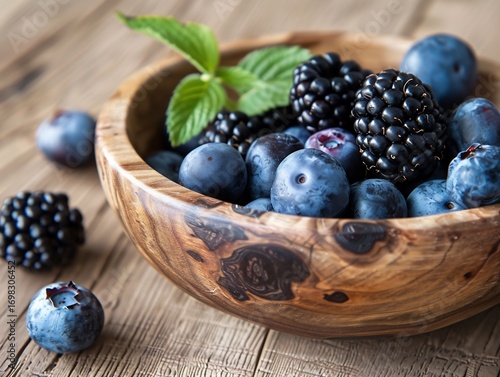 blueberries and blackberries in rustic wooden bowl soft