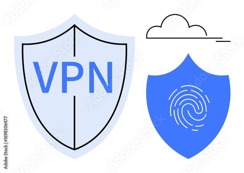Two shields representing VPN and fingerprint security alongside a minimalist cloud, emphasizing online protection and digital privacy. Ideal for cybersecurity, technology, data protection, anonymity