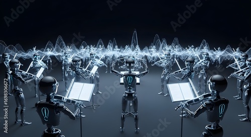 A master AI conducting a full orchestra of robots playing instruments of light,