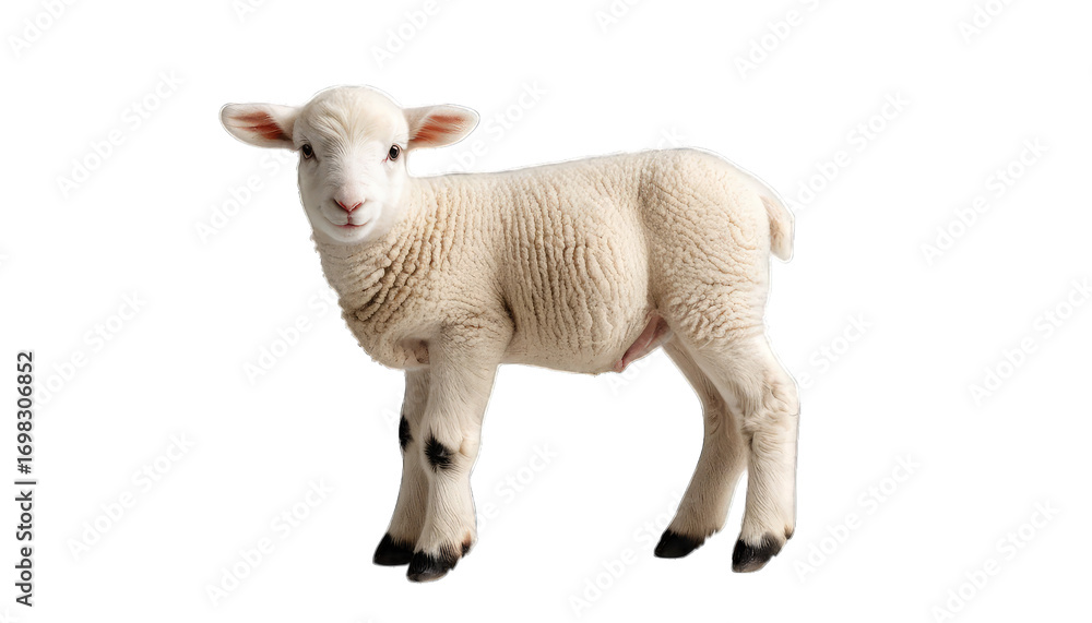 Fototapeta premium Side View of a White Lamb on Black Background sheep isolated on a transparent background