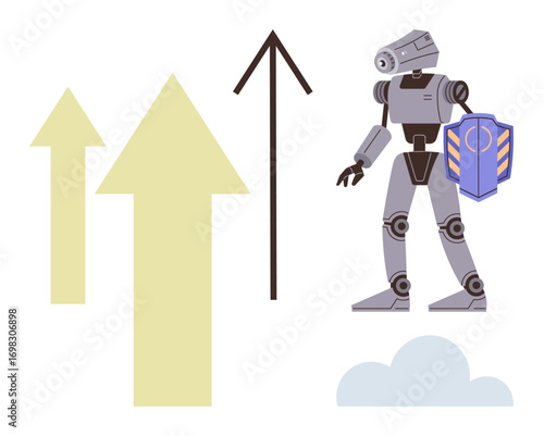 Robot holding shield stands near rising arrows suggesting progress, technology, and security. Ideal for innovation, growth, automation, robotics, AI, defense futuristic concepts simple flat