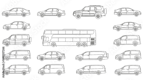 CAD Vehicle Drawings | Car, Bus, Minibus Silhouettes and Outlines | Top and Side View Vector Set