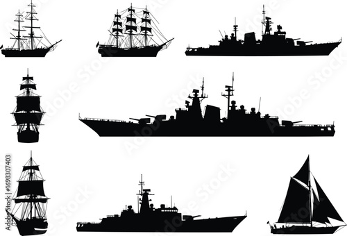 Silhouette collection of warships and sailing ships, navy and maritime vector icons, historical and modern sea vessel illustrations for design use