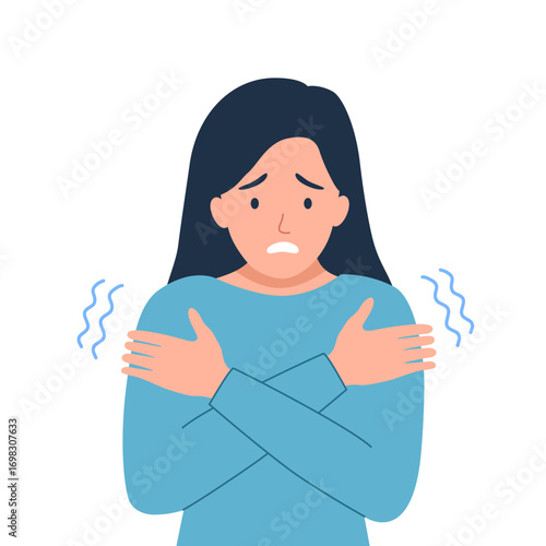 Woman shivering from cold weather in winter flat design on white background.