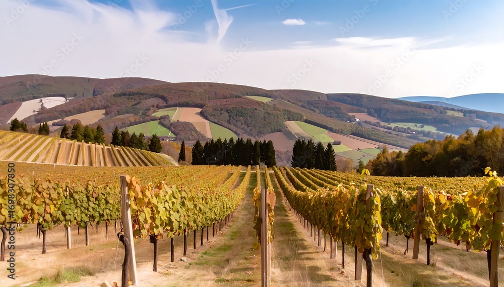 Fototapeta premium Vineyard rows stretch to hills