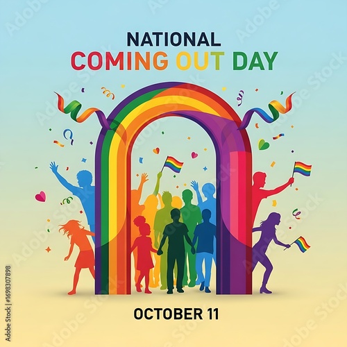 National coming out day celebration with rainbow arch and diverse silhouettes