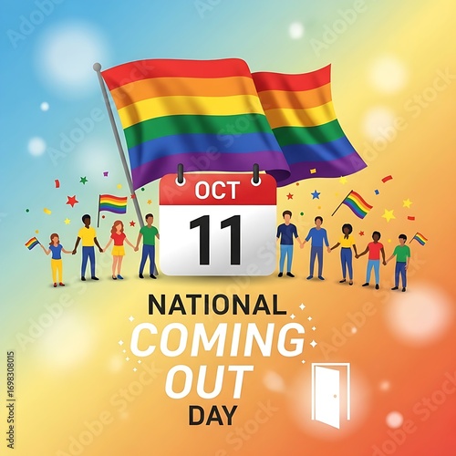 National coming out day celebration with rainbow flag and diverse people
