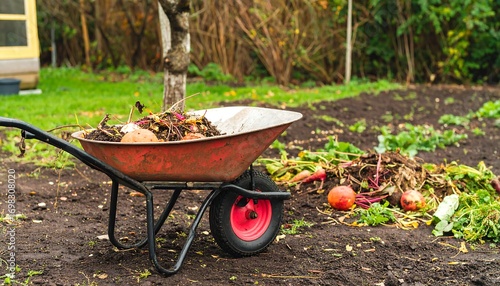 A rusty red wheelbarrow filled with garden waste sits on tilled soil next to more debris