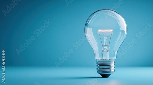 An incandescent light bulb with visible filaments and halogen gas sits against a solid blue background,