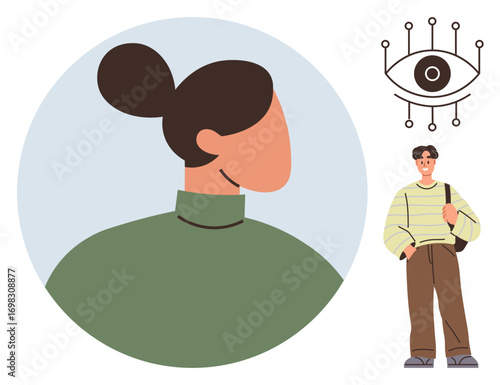 Minimalistic faceless woman in profile view in green top, man carrying bag, and abstract eye graphic representing observation. Ideal for creativity, connection, individuality, analysis, vision