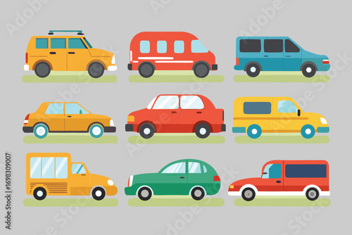 Collection of colorful cartoon cars vans and minibus illustration