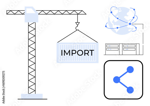 Crane hoisting import container, globe with network lines, data servers, and sharing icon. Ideal for logistics, trade, shipping, global business, supply chain networking simple landing page