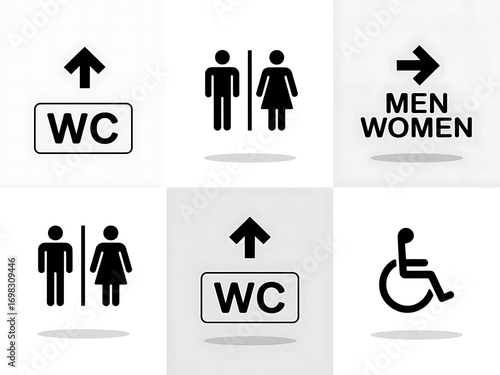 Collection of universally recognized black and white restroom signs for men women and accessible facilities indicating direction and location