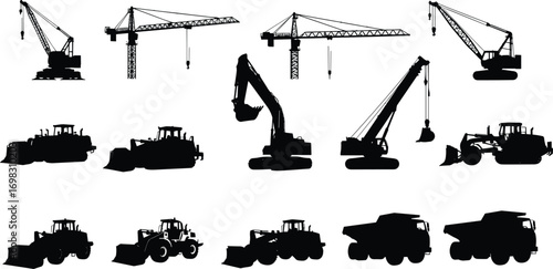 Construction heavy equipment silhouettes set, cranes, bulldozers, excavators, dump trucks, loaders, machinery, industrial vehicles, building site vector art illustration.