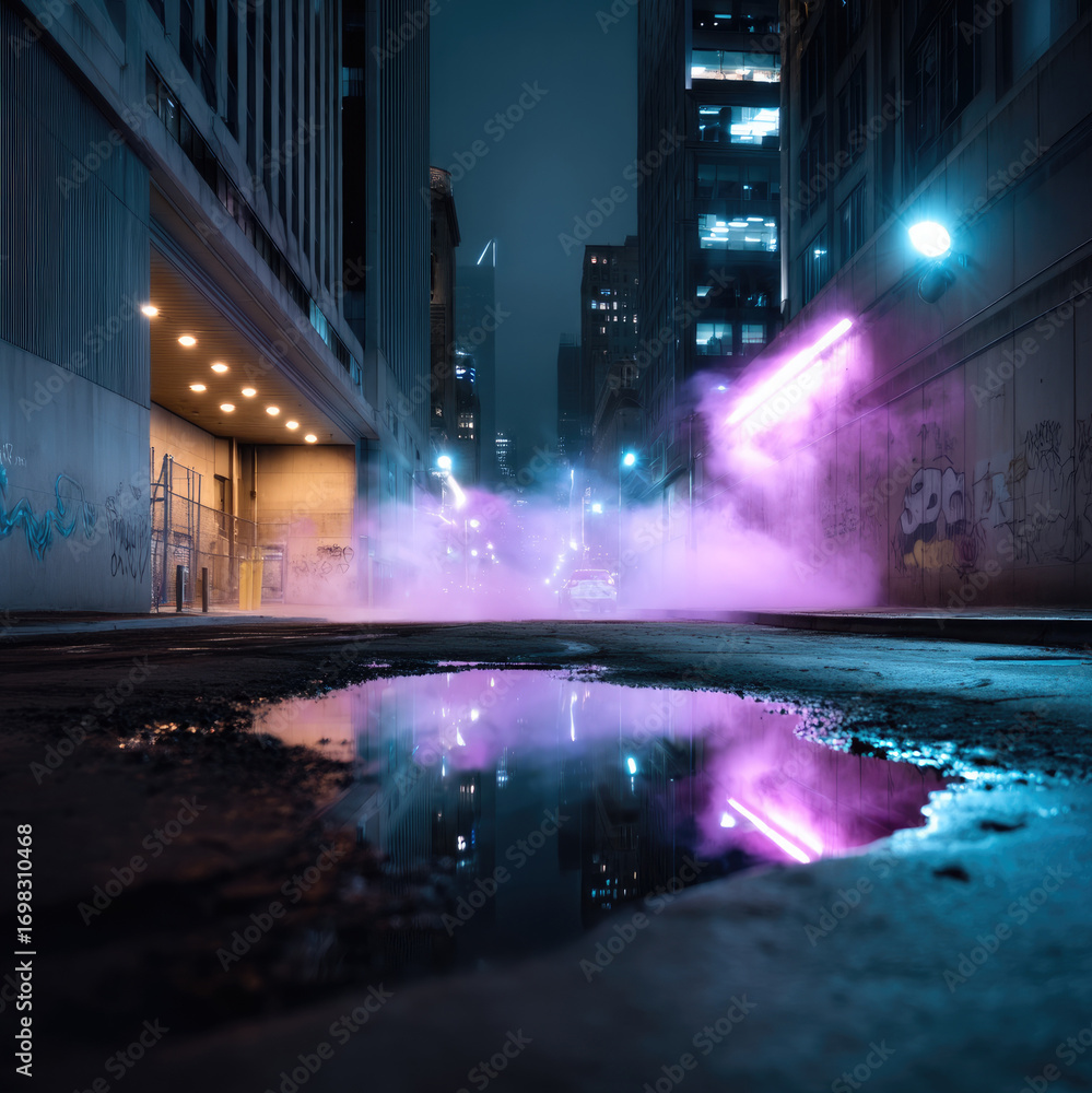 Fototapeta premium Moody urban alley, night cityscape, neon lights, wet pavement, purple fog, modern architecture, mysterious atmosphere