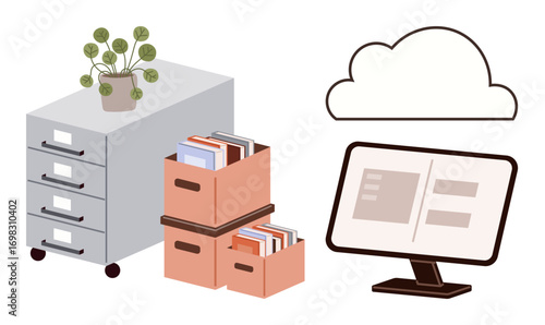 Filing cabinet, stacked boxes of folders, computer monitor with interface, and cloud. Ideal for data management, cloud storage, digital transformation, archive, organization workspace productivity