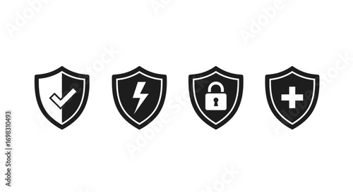 Set of shield icons representing security protection safety and success in business and technology vector