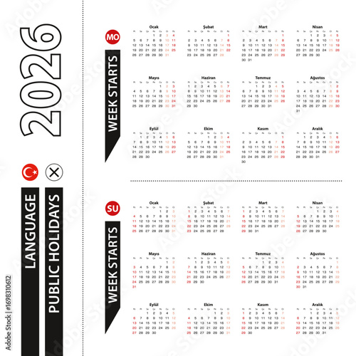 Two versions of 2026 calendar in Turkish, week starts from Monday and week starts from Sunday.
