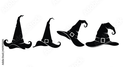 Four black witch hats silhouette with buckles halloween costume accessories spooky celebration vector