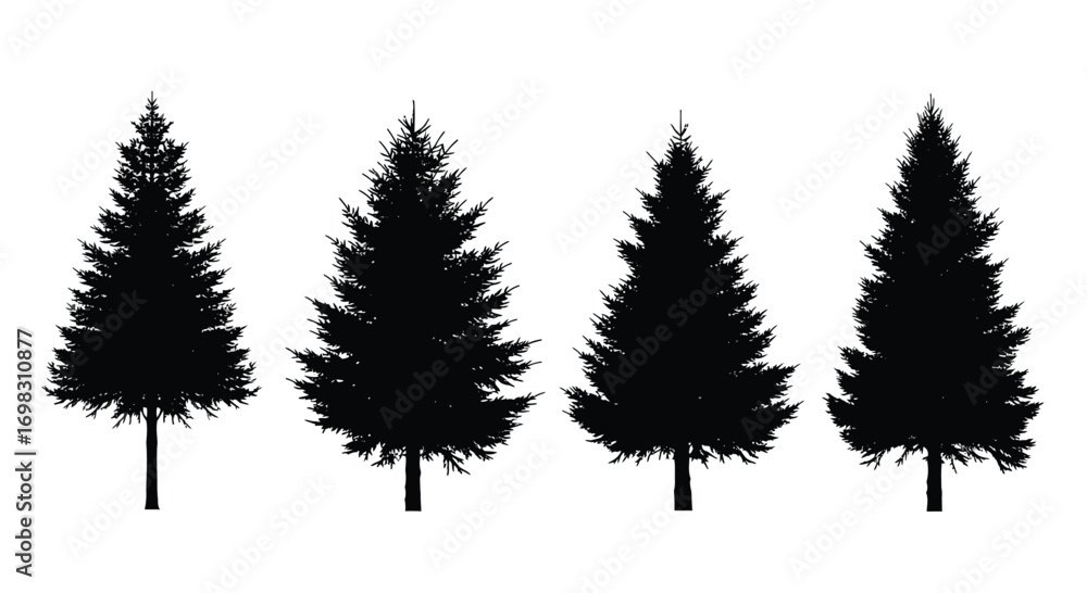 Fototapeta premium Four silhouette evergreen pine trees diverse sizes and shapes perfect for winter forest scenes vector