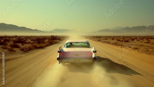 Retro Pink Car Driving on Dusty Desert Road Toward Horizon in Dreamy Vintage Scene
