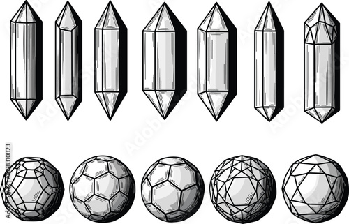 Crystal gemstone vector set, polished crystal points and spheres, geometric gemstones collection, detailed mineral illustrations, shiny precious stones icons