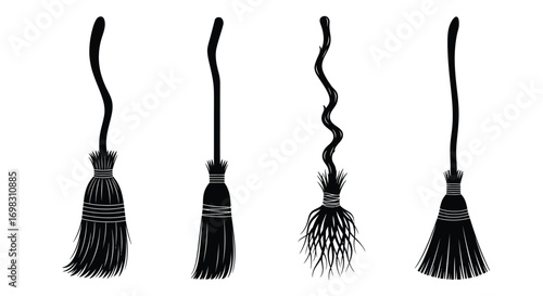 Four black witch brooms arranged horizontally against various styles vector