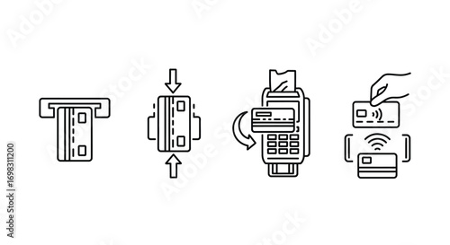 Credit card transaction steps explained through simple line icons showing payment methods vector