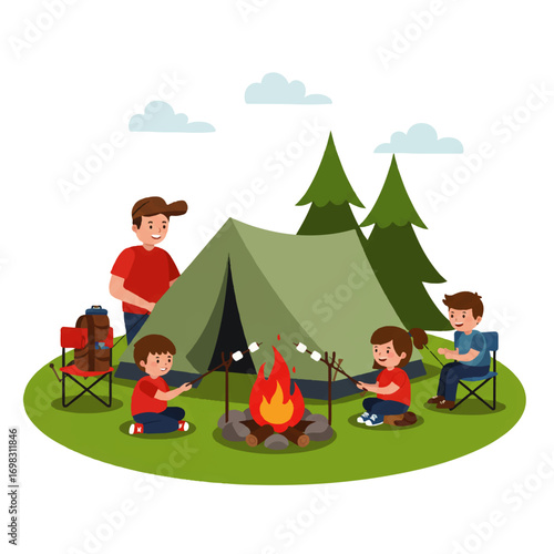 A family of four is camping, roasting marshmallows over a campfire in front of a green tent, surrounded by trees and a grassy area.