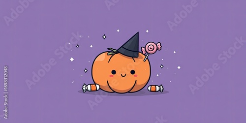 Cute Halloween pumpkin wearing a witch hat with candy.